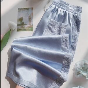 Satin & Lace Trim Details Pockets Silky Light Blue Joggers Embroidered Pants New